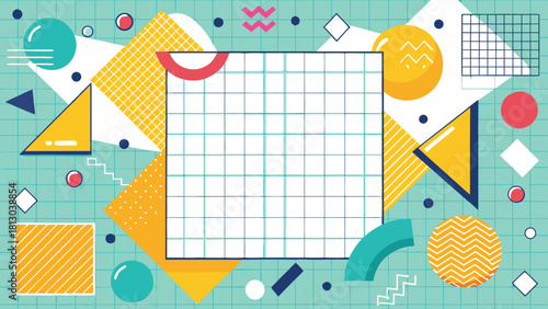 A square frame filled with an arrangement of geometric shapes and intersecting lines..eps