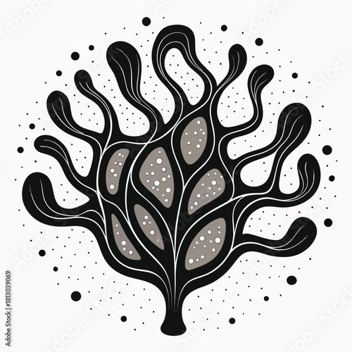 Abstract Black Coral with Bubbles on White sea life