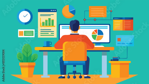 Man engaged with a computer, reviewing graphs and charts that represent statistical information..eps