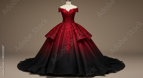 Elegant off-shoulder ballgown with ombre red to black skirt and delicate lace detailing