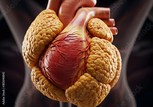 Three dimensional rendering of a human heart with surrounding adipose tissue on transparent background