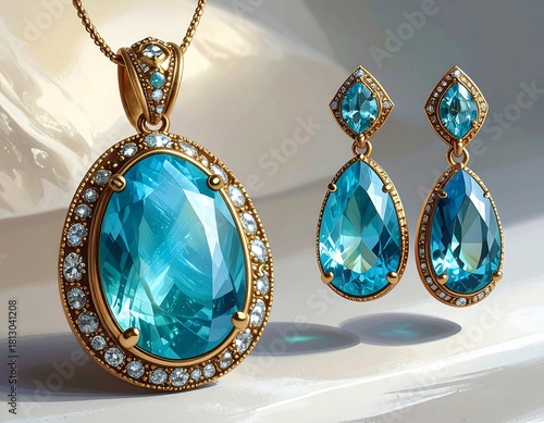 Elegant pendant and matching earrings with bright blue gemstones and gold settings
