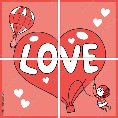 Girl holding hot air balloon with love heart shape