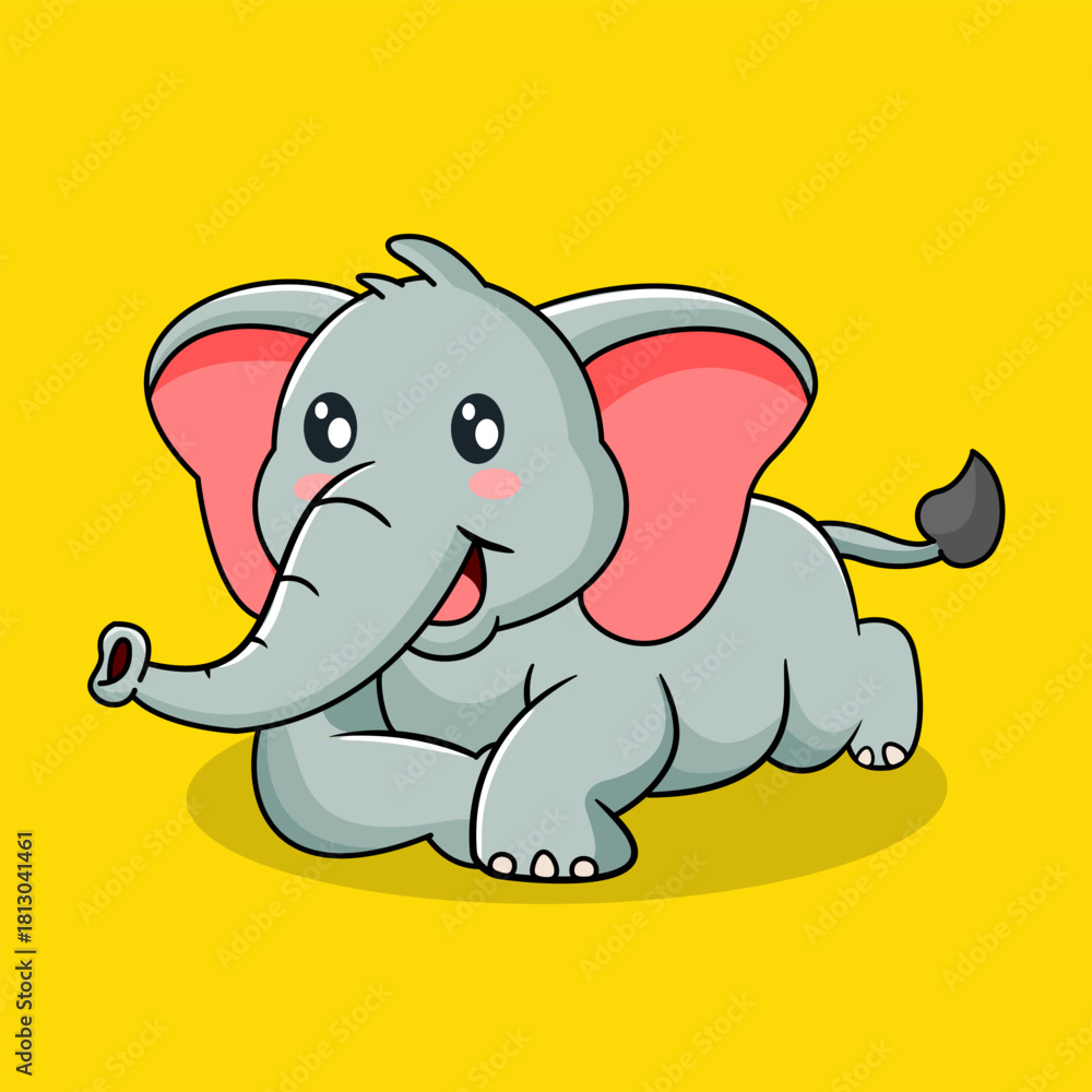 Fototapeta premium Cute Baby Elephant Lying Down on the Ground Kawaii Style Vector Illustration Cartoon Design