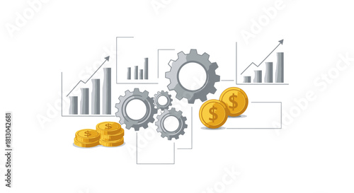Gears and Coins Illustrating Financial Growth and Business Mechanics.