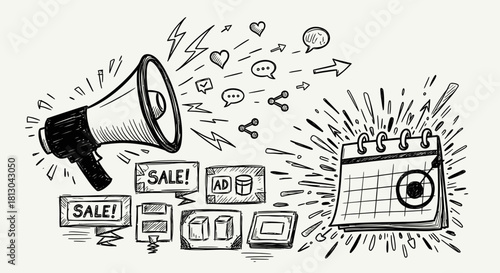 Marketing and Sales Promotion with Megaphone and Calendar.