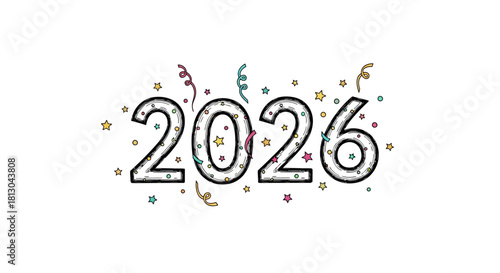 Festive 2026 New Year Celebration Design with Confetti and Stars for Holiday Greetings and Event Announcements, Suitable for Digital and Print Media