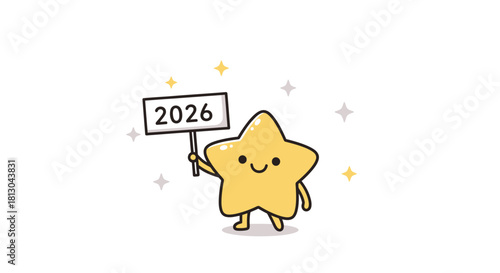Cheerful star character holding a 2026 sign, promoting future events, celebrations, or marketing campaigns with a positive and optimistic message