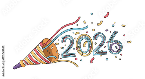 Festive 2026 New Year Celebration Illustration Featuring a Party Popper and Confetti, Ideal for Invitations and Holiday Marketing Campaigns
