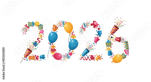 Festive 2026 New Year Celebration Design with Balloons, Confetti, and Party Favors for Holiday Greeting Cards and Event Invitations
