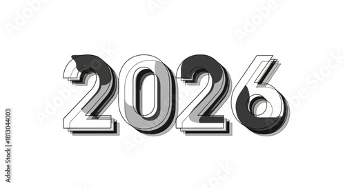 Artistic rendering of the year 2026 with layered shadows and gradient effects, useful for event promotions, new year greetings, and futuristic design projects.