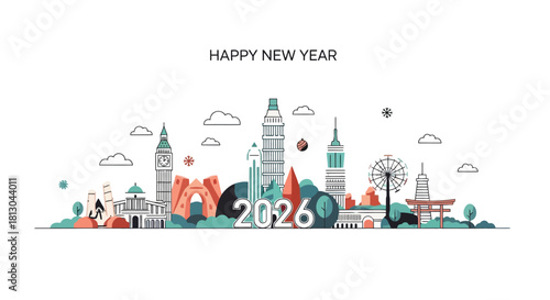 Festive New Year 2026 Celebration Banner Showcasing Iconic Global Landmarks and Joyful Holiday Greetings for Seasonal Greetings