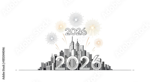 Futuristic Cityscape Celebrating the Year 2026 with Fireworks Display, Ideal for New Year's Greetings, Event Invitations, and Technological Advancement Themes