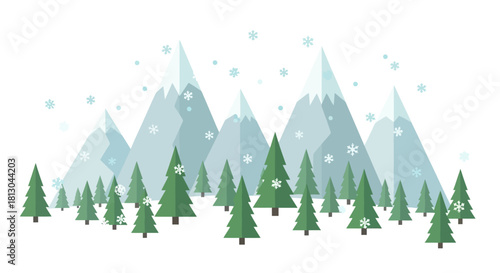 Flat design winter landscape illustration featuring snowy mountains, evergreen trees, and falling snow, perfect for seasonal greeting cards and holiday themed designs.