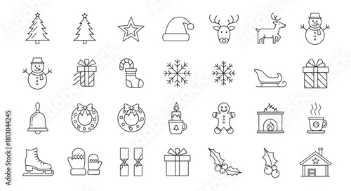Christmas Line Icon Set Featuring Holiday Symbols for Festive Designs and Seasonal Promotions, Ideal for Greeting Cards, Websites and Social Media Decoration