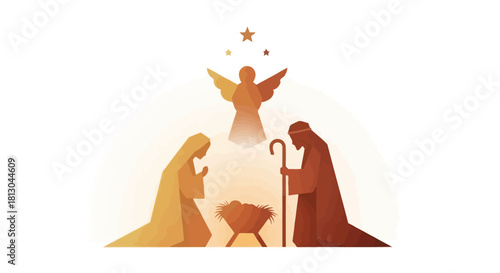 Minimalist nativity scene illustration in warm tones depicting the birth of Jesus Christ for religious Christmas cards and holiday season greetings.