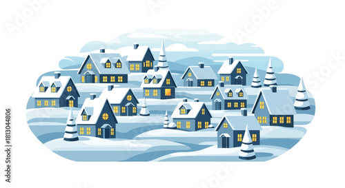Charming winter village illustration with snow-covered houses and cozy lighting, perfect for holiday cards, seasonal promotions, and winter-themed designs.