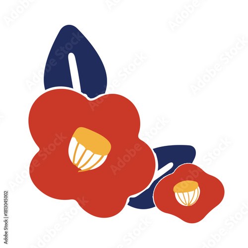 椿の花　年賀状素材　 和風フレームシンプルな日本の年賀状テンプレートあしらいパーツ