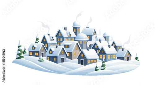 Charming winter village illustration with snow-covered houses and glowing windows for seasonal greetings and holiday-themed designs, suitable for greeting cards
