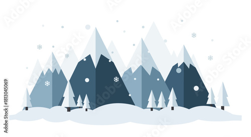 Serene winter landscape featuring minimalist mountains, snow-covered peaks, and evergreen trees, ideal for use in winter-themed projects and holiday greetings.