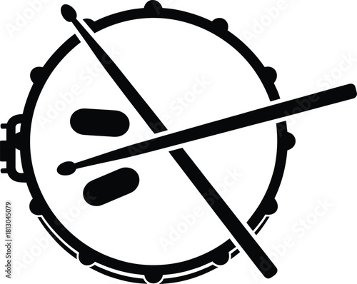 Stylized snare drum with crossed drumsticks in black and white vector art for music, percussion, band, rhythm, and sound design