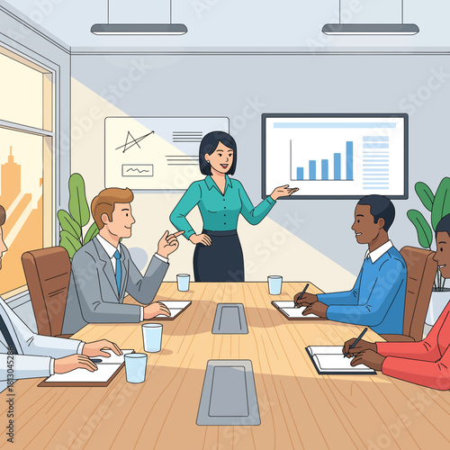 Dynamic presentation by confident businesswoman leading team meeting, sharing insights and inspiring growth strategies with diverse colleagues in a modern office setting