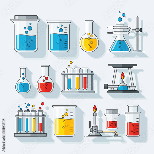 Elevate your science projects with this crisp, clean display of lab equipment showcasing beakers, test tubes, and Bunsen burners, perfect for educational materials and presentations
