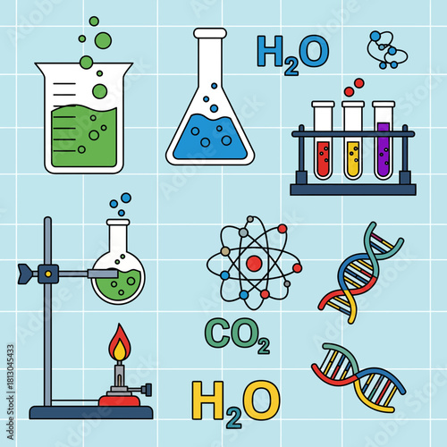 Engaging science classroom illustration featuring molecules, test tubes, beakers, and DNA for educational materials, perfect for teaching chemistry and biology concepts effectively