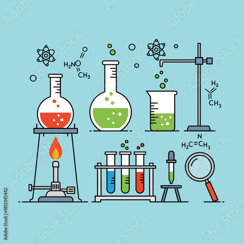 Colorful science lab scene, beakers, test tubes, and formulas evoke curiosity and precision, perfect for educational materials, scientific reports, or modern design projects with a STEM focus