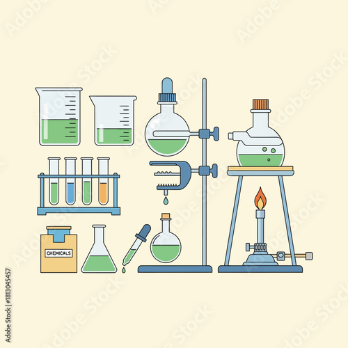Modern laboratory glassware and equipment illustration for scientific experiments and research, perfect for educational materials, science blogs, and chemistry websites