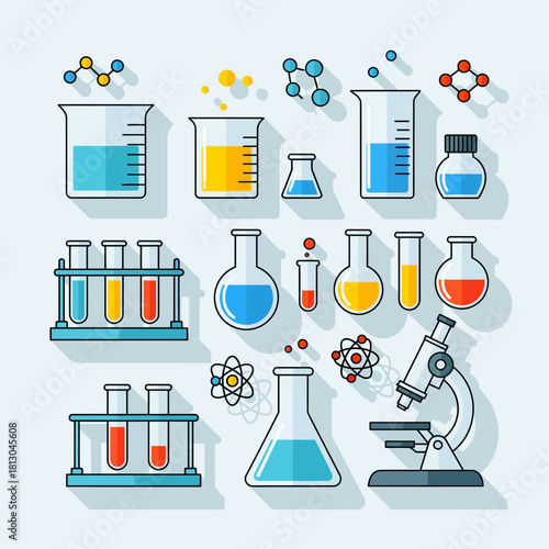Modern scientific research setup with beakers, flasks, test tubes, and microscope for pharmaceutical, chemistry, and laboratory experiments originally created as scalable vector graphic