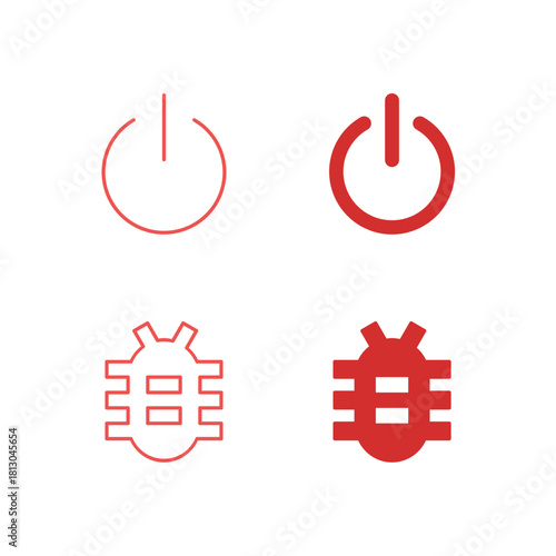 Flat Colored Power Button and Bug Report Icon Set in Outline and Solid Style for System Control and Issue Management