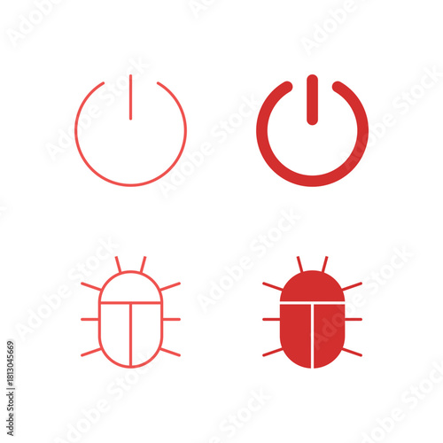 Flat Colored Power Button and Bug Report Icon Set in Outline and Solid Style for System Control and Issue Management
