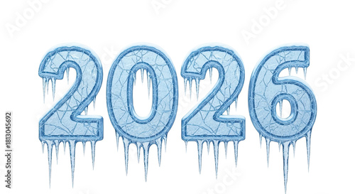 The number 2026 rendered in a detailed frozen ice font, showing a cracked texture, translucent blue color, and sharp icicles hanging down from the digits