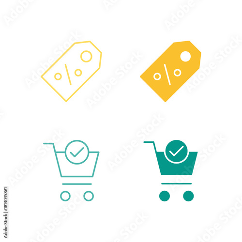 Flat Colored Discount and Checkout Icon Set in Outline and Solid Style for E-commerce Sales and Final Purchase