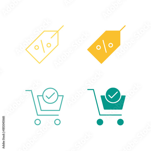 Flat Colored Discount and Checkout Icon Set in Outline and Solid Style for E-commerce Sales and Final Purchase