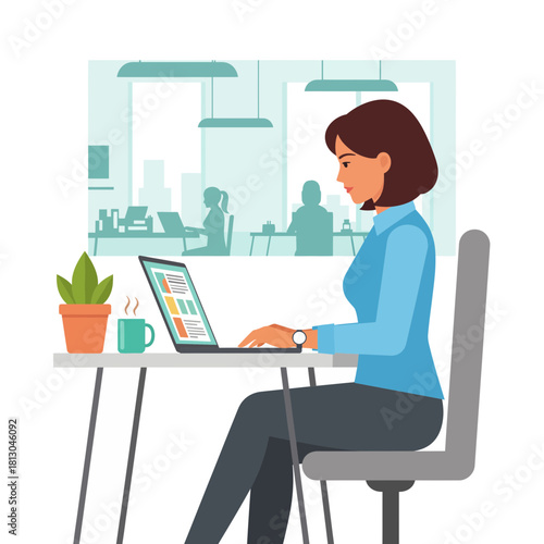 Productive professional at work on laptop with coffee, bringing vibrant energy to the modern office space, inspiring growth and collaboration, ideal for business presentations