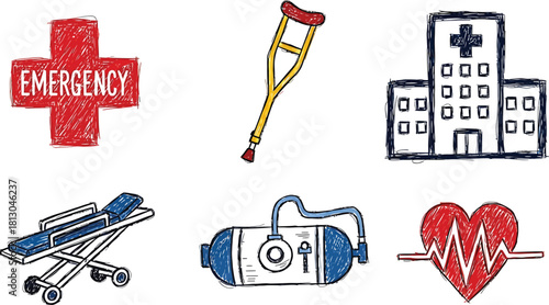 A collection of hand-drawn icons representing medical emergencies and hospital care.