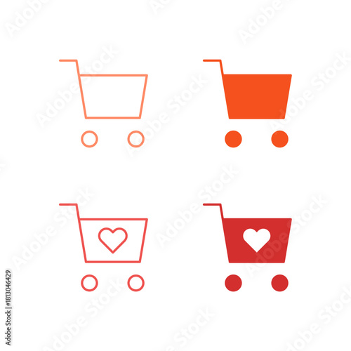 Flat Colored Shopping Cart and Wishlist Icon Set in Outline and Solid Style for E-commerce Purchasing and Saving