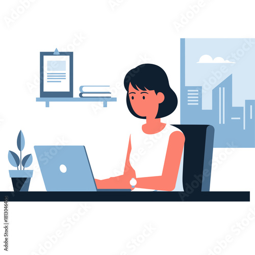 Focused woman working at her laptop in a modern workspace with city views, planning her business strategy for success with style and determination, a modern professional