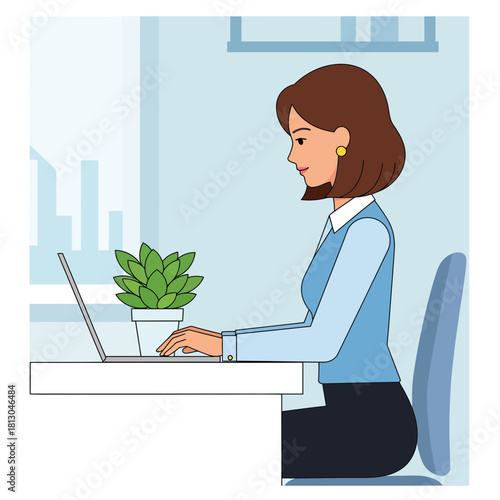 Modern professional woman works diligently on her laptop at a bright desk in a modern office, enhancing productivity and representing success in business and design