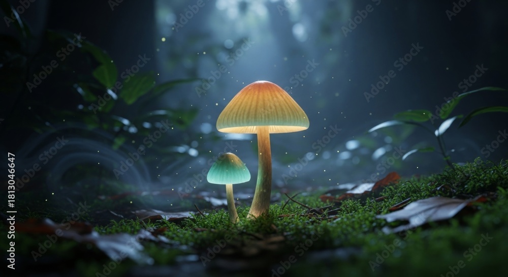 Fototapeta premium Glowing mushrooms in a mystical forest