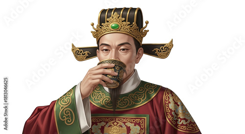 A wise and powerful ancient emperor from a Far East dynasty, dressed in a luxurious silk robe and ornate crown, pauses to drink from a delicate porcelain teacup