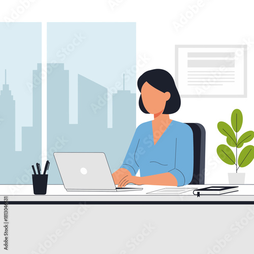 Modern businesswoman working from a bright office space with laptop, embodying focus and productivity, original vector graphics, offering a professional and serene workspace vibe