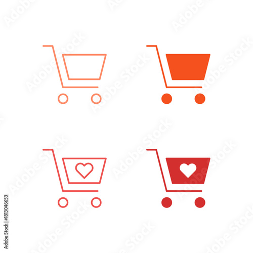 Flat Colored Shopping Cart and Wishlist Icon Set in Outline and Solid Style for E-commerce Purchasing and Saving