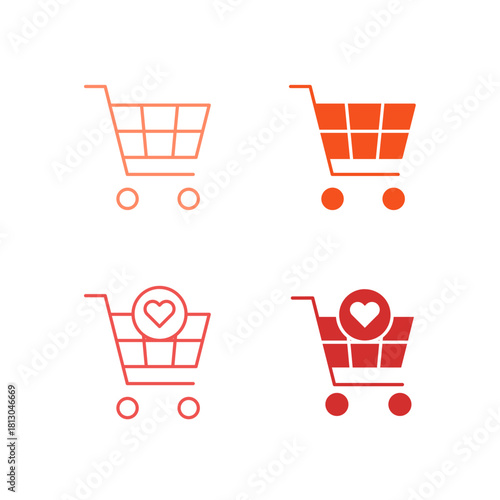 Flat Colored Shopping Cart and Wishlist Icon Set in Outline and Solid Style for E-commerce Purchasing and Saving