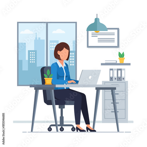 Focused professional woman working on a laptop in a modern office, bathed in city light, showcasing productivity and corporate success, a dynamic scene for business ventures