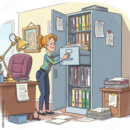 Organized office worker filing documents in a cabinet, bringing order to paperwork and maintaining records, ideal for illustrating administration and office management in a business setting