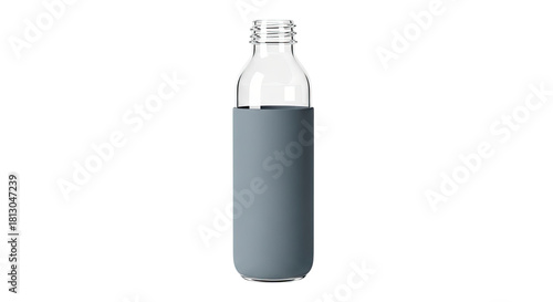 A modern reusable glass water bottle with a protective grey silicone sleeve, shown open with its screw top neck visible in a clean, minimalist studio product shot