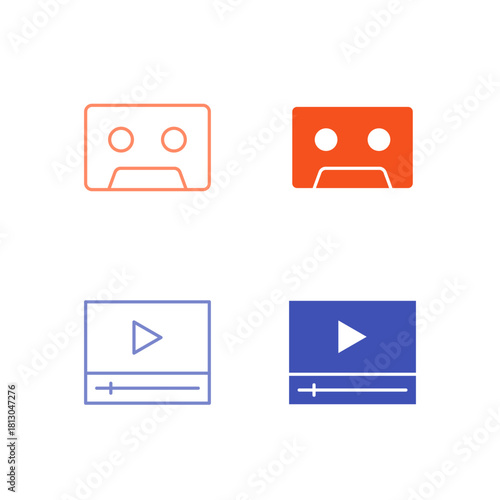 Flat Colored Image and Video Icon Set in Outline and Solid Style for Digital Media Content and Playback